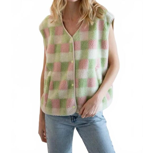 THINGS BETWEEN Jackets & Blazers - NEW THINGS BETWEEN multi color gingham vest in mint combo